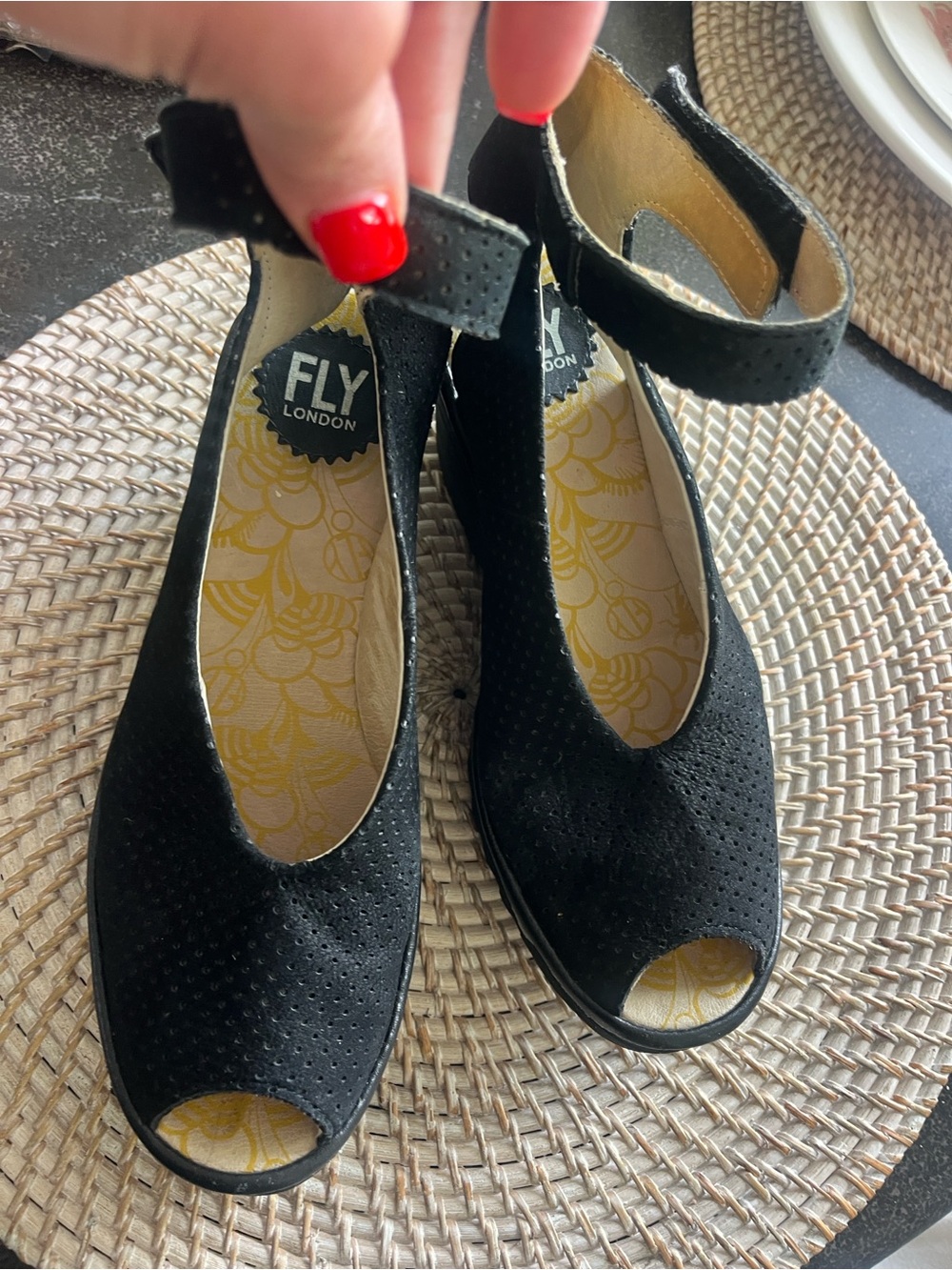 Fly London Yala black leather round toe wedge shoe W/Velcro strap Euro 39